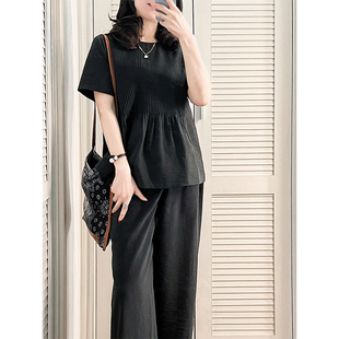 YouYoung悠扬|真丝干丝可机洗牙签褶短袖上衣 夏季圆领宽松大码女