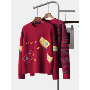 YouYoung悠扬|阿拉善羊绒费尔岛 小鸡童趣重磅喜庆加厚宽松羊绒衫