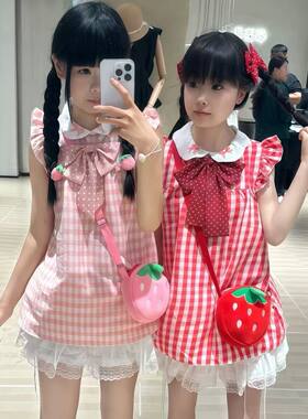 清新小飞袖闺蜜双子款粉色格子甜美连衣裙裙子女夏季新款格子裙