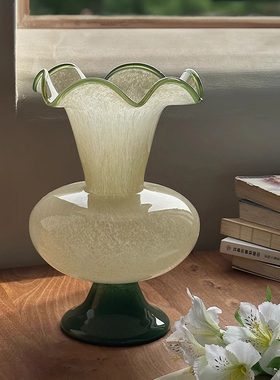 绿色芬顿玻璃花瓶中古法式波浪花边覆古文艺风插花客厅装饰摆件