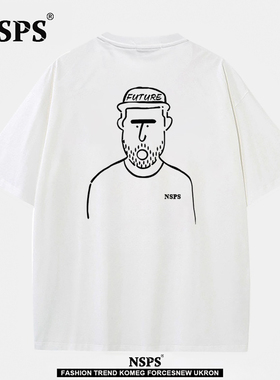 NSPS官方联名特大码300斤男女款线条胡须大叔夏季时尚潮牌短袖t恤