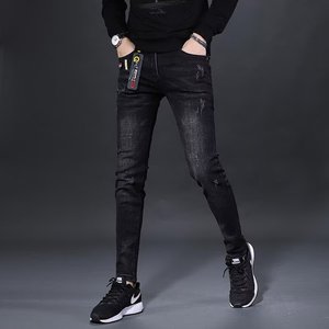 高端黑色牛仔裤男春秋新款潮牌韩版修身小脚弹力紧身百搭休闲裤子