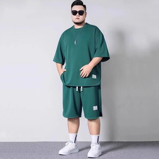 男士 日系简约加肥加大胖子复古重磅休闲套装 短袖 夏季 t恤男式 大码