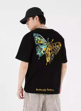 蝴蝶刺绣短袖圆领宽松休闲男士夏季纯棉半袖大码t恤嘻哈潮流体恤