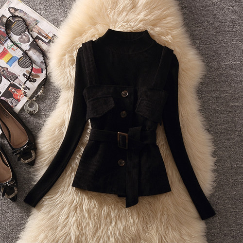 灯芯绒单排扣复古马甲毛衣套转女