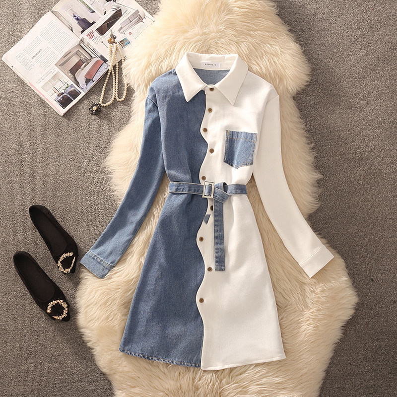 2026春秋设计感拼接牛仔衬衫裙收腰系带中长款假两件显瘦长袖上衣