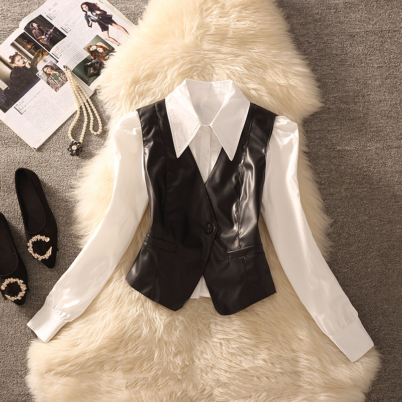2026春秋新款法式复古高级感修身收腰PU皮马甲背心内搭衬衫两件套