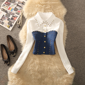 女短款 复古百搭重工铆钉拼接牛仔假两件衬衫 上衣 法式 2026春秋新款