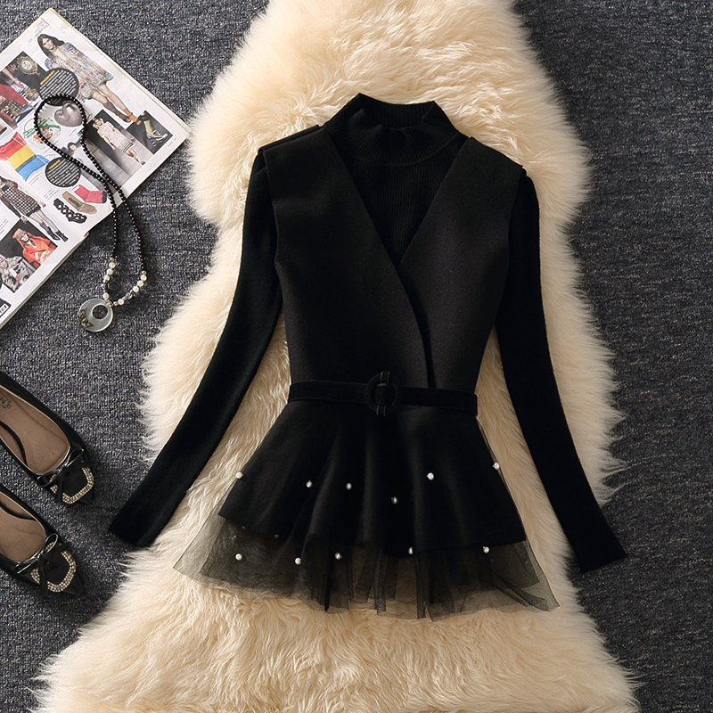 钉珠网纱系带荷叶边马夹毛衣背心