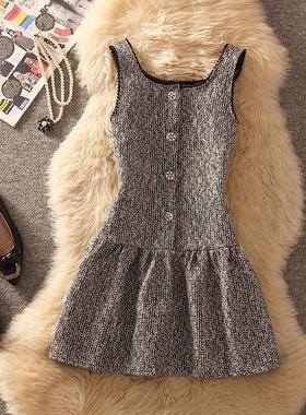女装欧洲站小众高定款灰色背心裙时尚新款水钻扣拼纱蛋糕连衣裙