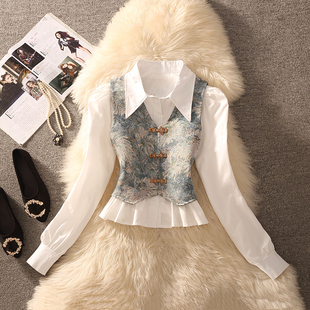 2026春秋冬新款新中式国风盘扣扎染马甲内搭衬衣胖MM大码两件套装