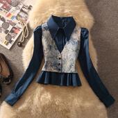 法式 复古扎染小个子泡泡袖 上衣两件套 女2025年春秋季 新款 衬衫 套装