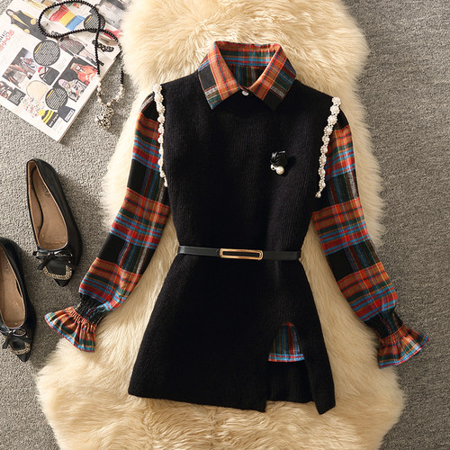 别致钉珠马甲格子衬衫叠穿两件套