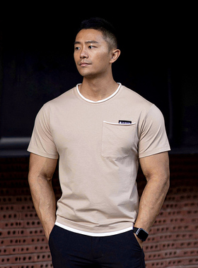 EVENSO Movement假两件撞色弹力休闲短袖透气棉感纯色运动T恤半袖