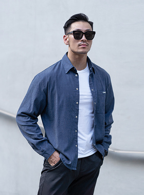 EVENSO Casual洗水弹力牛仔衬衫宽松休闲夹克男士纯色商务外套秋