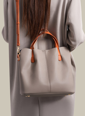 Caring&Keyed荔枝纹时尚手提女包休闲大容量小众高级撞色肩托特包