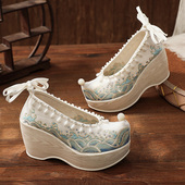 汉服翘头履绣花鞋 子增高 中国风青年古风鞋 女士超高跟坡跟古装 单鞋