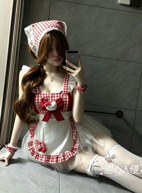 情到深处oo「奶糖kitty」-甜美红格子蝴蝶结女仆cos蓬蓬裙套装女