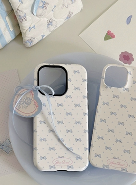 复古蓝色波点蝴蝶结适用于苹果16promax/14Promax/iphone12/11/半包硬壳iphone13全包小众菲林壳不撞壳二合一