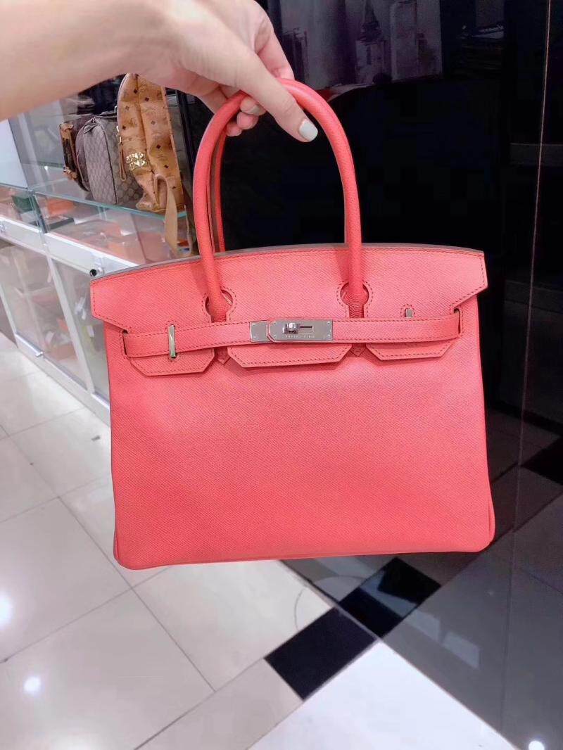 【98新】二手正品奢侈品birkin30火烈鸟粉epsom皮银q刻女士手提包