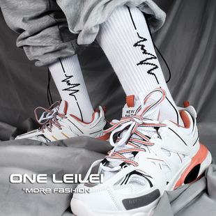 长筒袜男士 袜子高帮高筒纯棉运动条纹潮流街嘻哈头心电图韩版