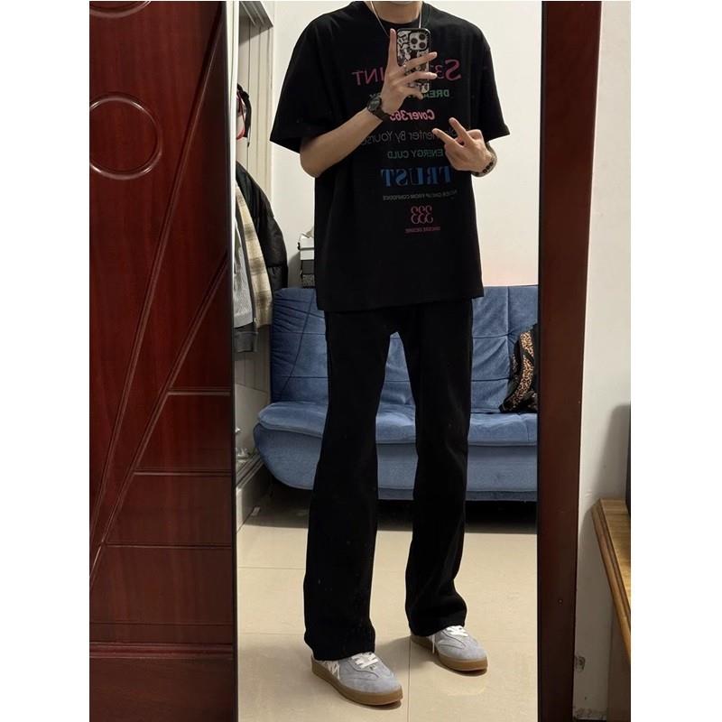 cleanfit弯刀黑色牛仔裤男休闲长裤美式高街vibe修身直筒微喇裤子