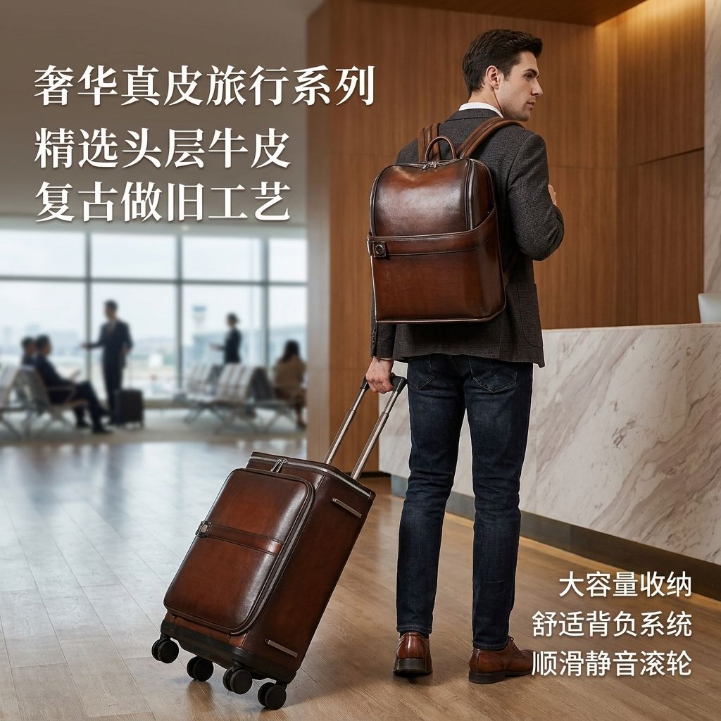 高档男士真皮商务旅行箱套装头层牛皮差旅背包男20寸万向轮拉杆箱