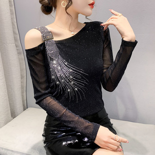 小衫 实拍2022春季 网纱银线长袖 显瘦设计感露肩烫钻时尚 女T恤 修身