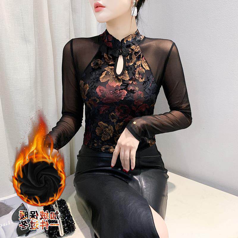 新款 盘扣镂空上衣女复古印花蕾丝网纱长袖加绒加厚打底衫T恤套头