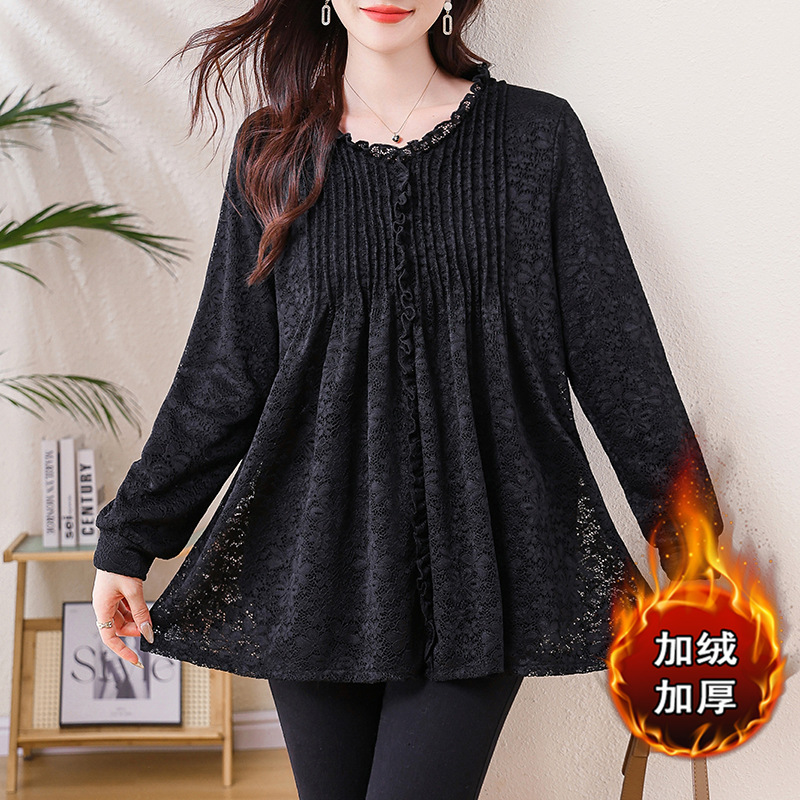 新款加绒保暖蕾丝打底衫女2025