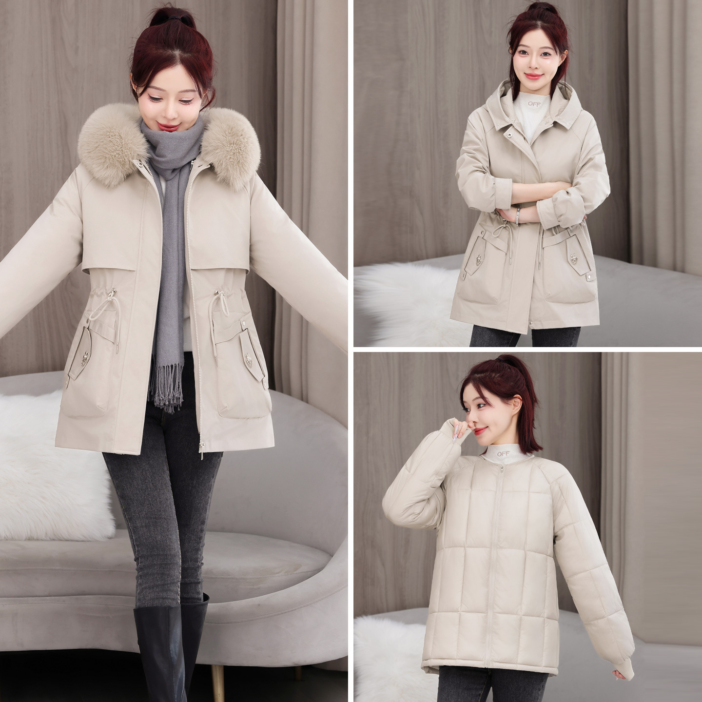 新款派克服女款加厚大毛领可拆卸