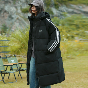 新款 羽绒棉服女2025冬学院风三条杠棉袄长款过膝学生棉衣外套