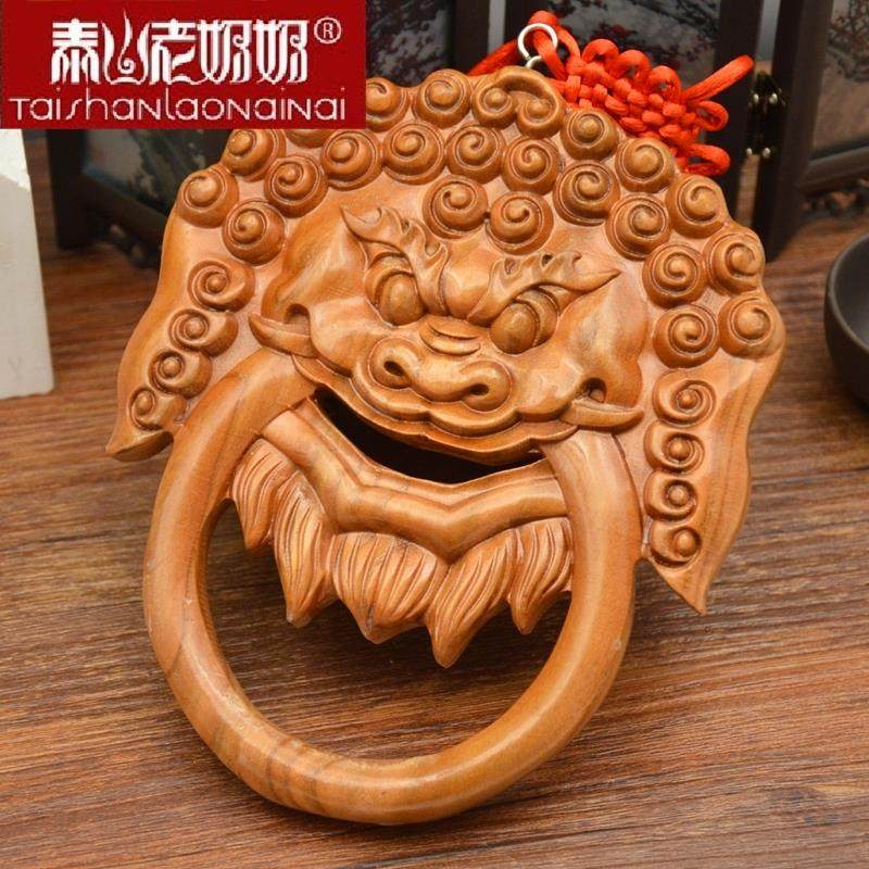 桃木镇宅挂件风水用品狮子兽首衔环椒图门神吞口狮咬环大门外挂件