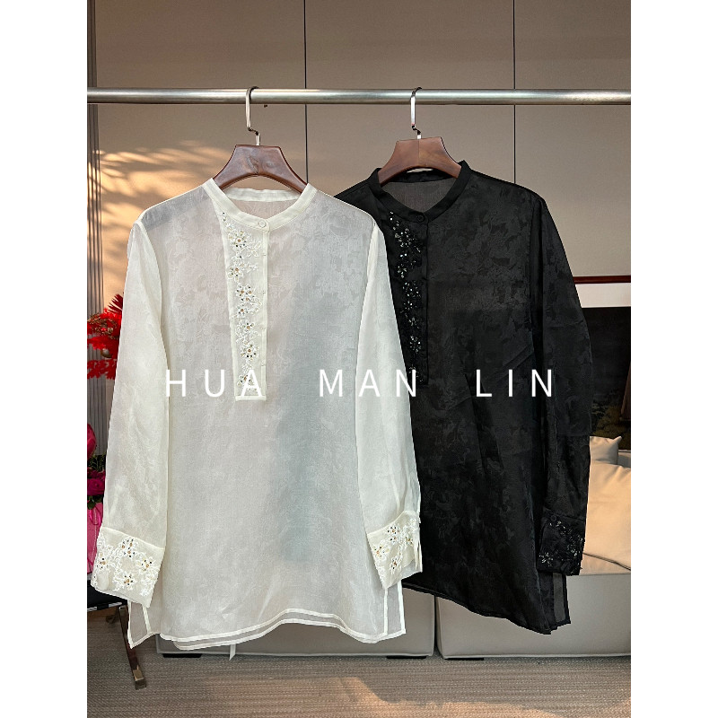 花滿林圆领重工钉珠刺绣欧根纱真丝桑蚕丝长袖上衣25726