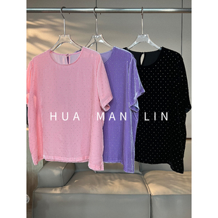 花滿林三色圆领烫钻真丝桑蚕丝丝绒短袖上衣268798