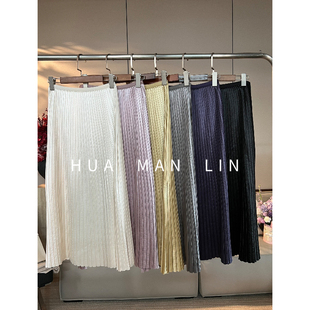 半裙28705 全松紧腰重工压褶净版 花滿林