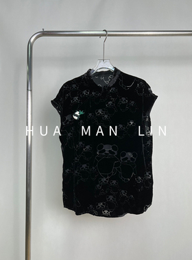 【花满林】小立领斜门襟熊猫烧花真丝桑蚕丝丝绒盖袖上衣251424