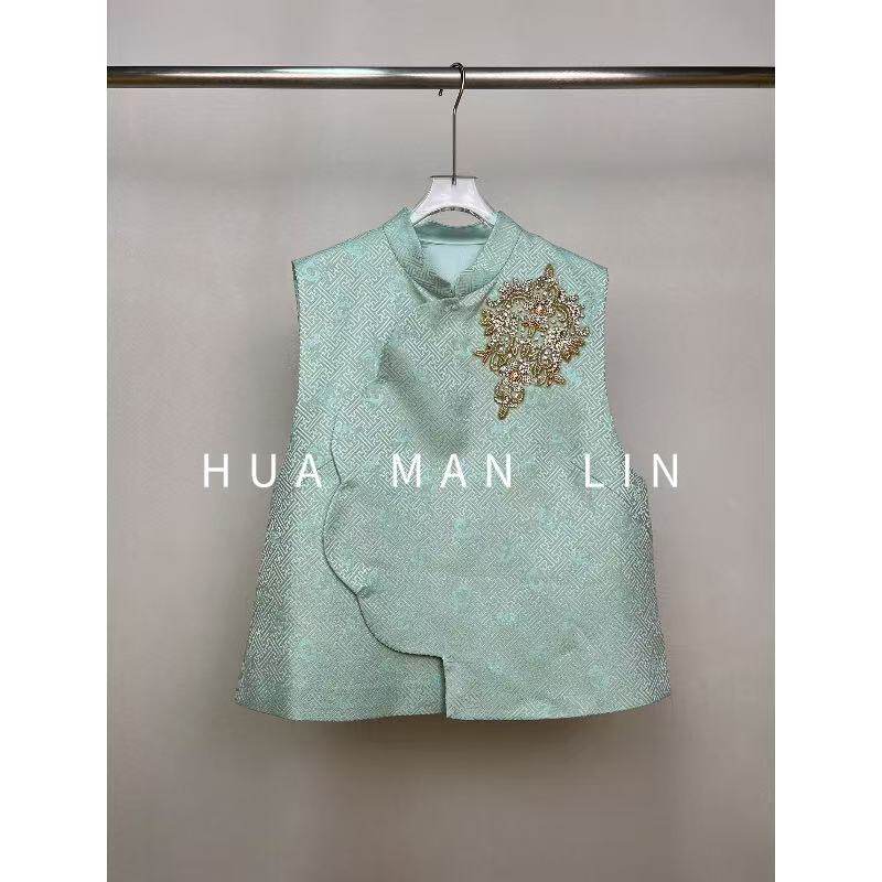 【花满林】上久楷小立领斜门襟重工钉珠真丝桑蚕丝丝毛马夹251267