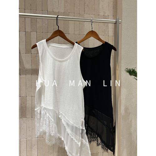 【花满林】两色圆领净版不规则下摆拼接蕾丝背心上衣80639