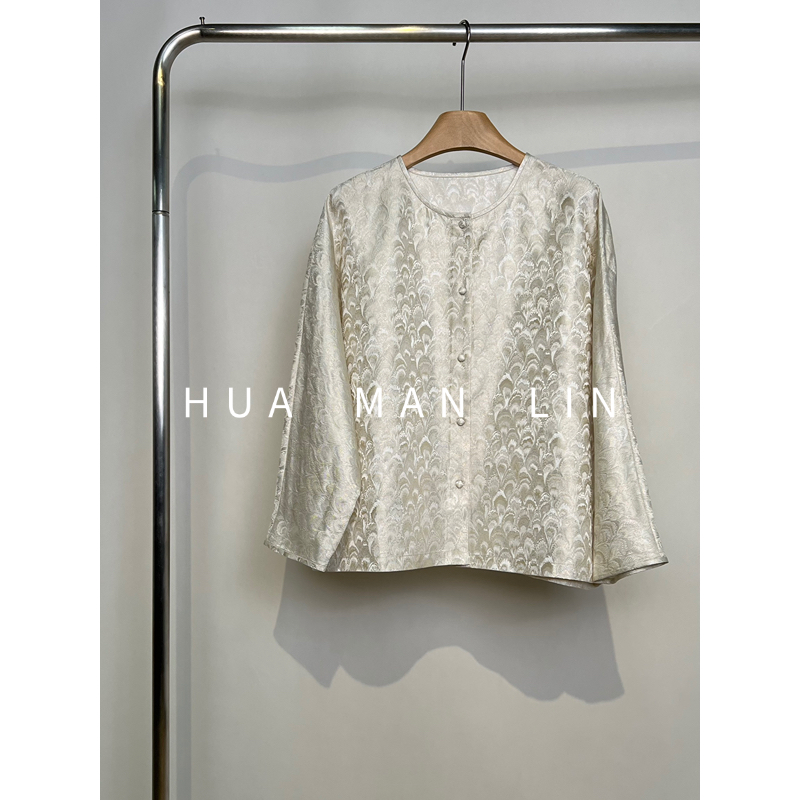 【花滿林】圆领包扣正绢螺钿孔雀翎真丝桑蚕丝上衣259245