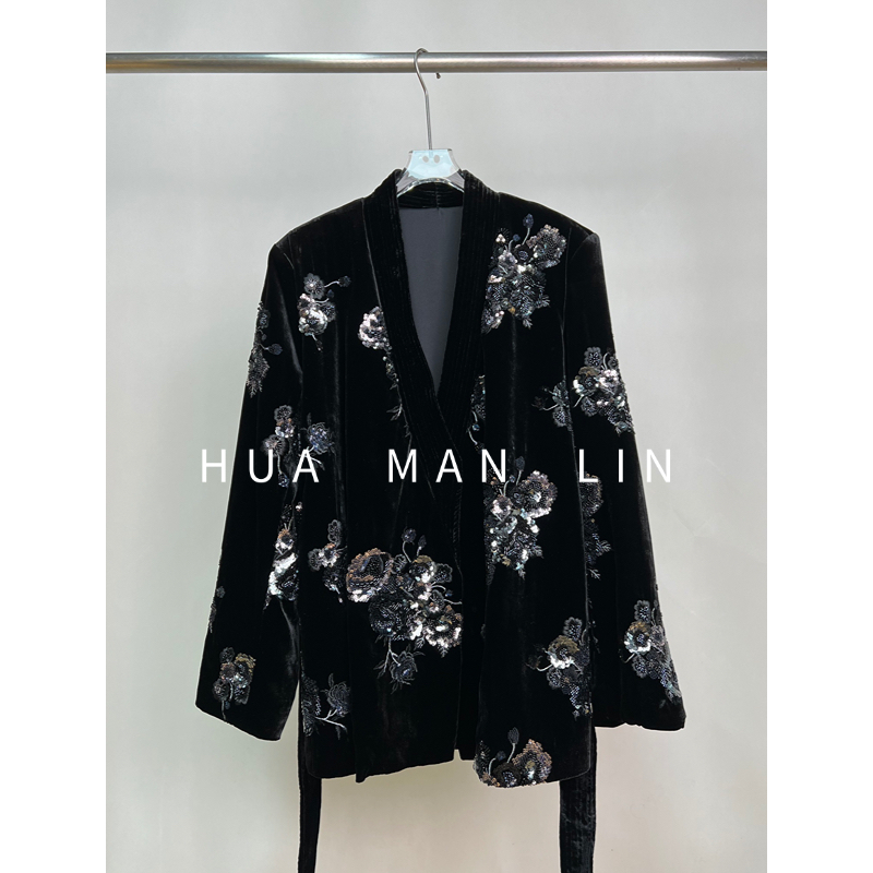 【花滿林】V领重工钉珠真丝桑蚕丝丝绒外套50912