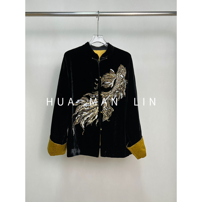 【花滿林】“好运锦鲤”小立领撞色卷袖桑蚕丝丝绒外套257552