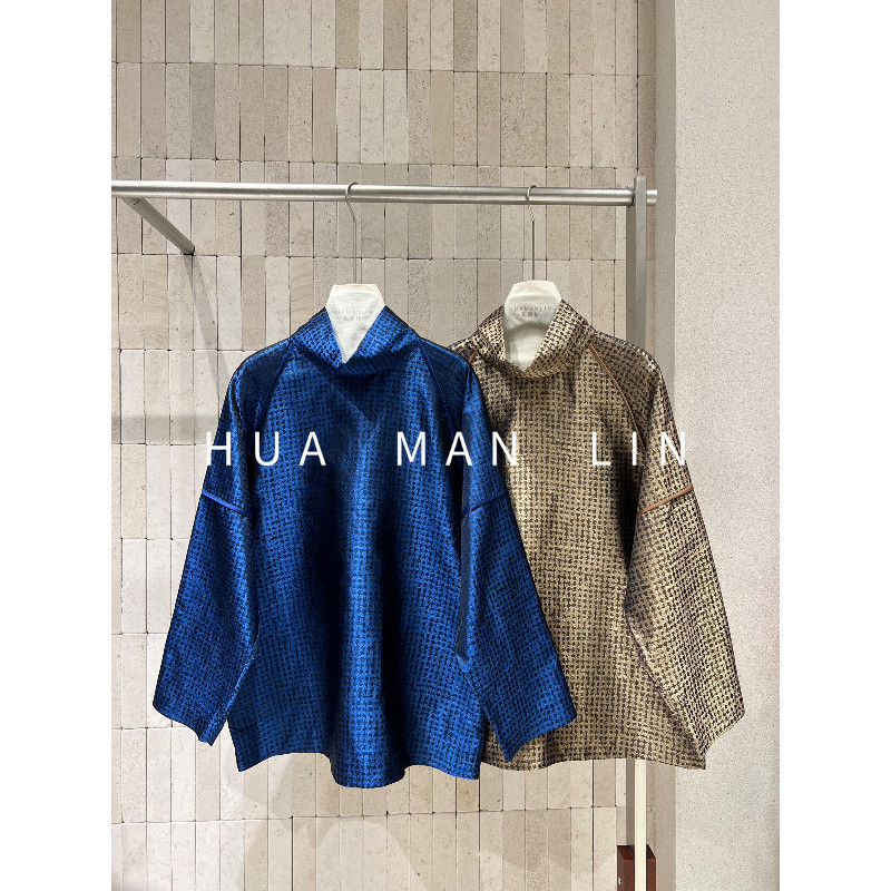 花滿林两色立领插肩袖曙光锦真丝桑蚕丝阔版上衣263607
