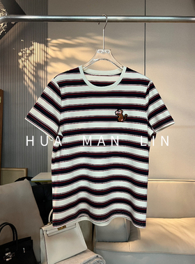 花滿林圆猴子抱桃条纹百搭短袖上衣25442