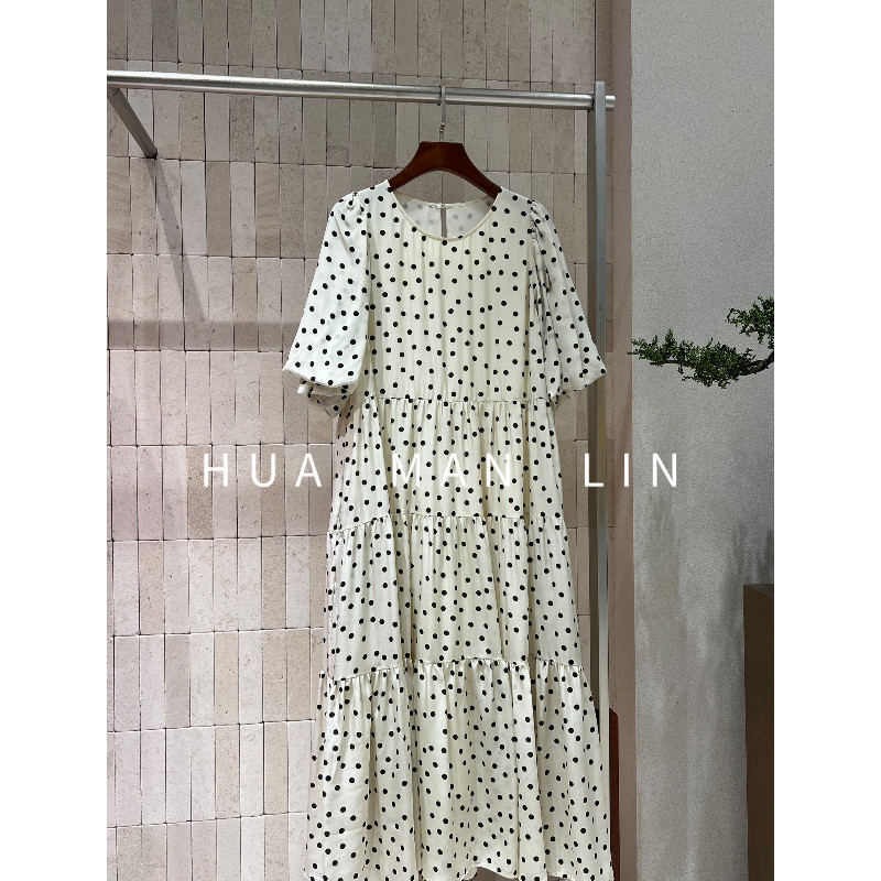 【花满林】圆领泡泡袖波点印花双绉桑蚕丝连衣裙262669