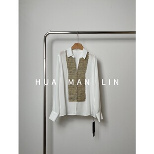 7697 设计感小V翻领前中压褶建宏绉真丝桑蚕丝衬衫 花满林