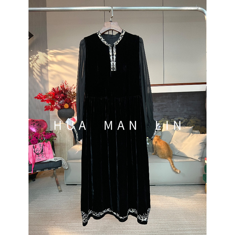 花滿林圆领前扣钉珠刺绣领拼接袖真丝桑蚕丝丝绒上衣25759