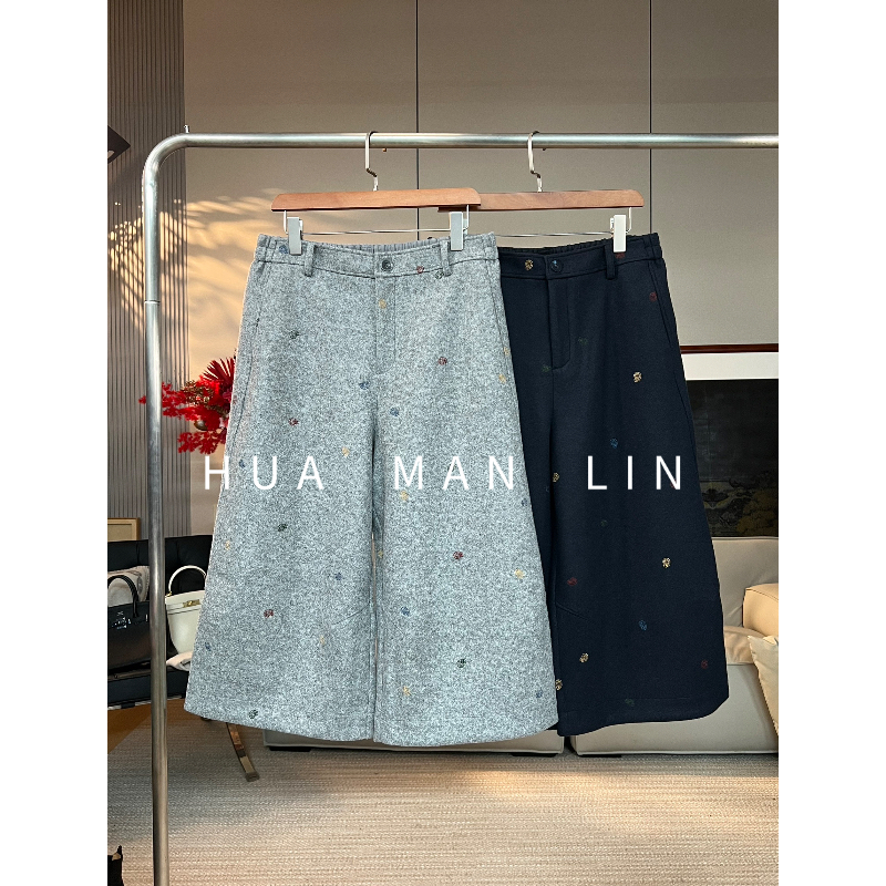 【花滿林】两色后松紧腰腰果花刺绣休闲裤91127