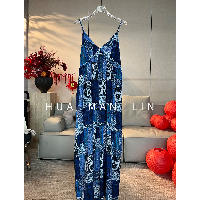 花滿林可调节肩带后松紧花色真丝桑蚕丝吊带连衣裙268644