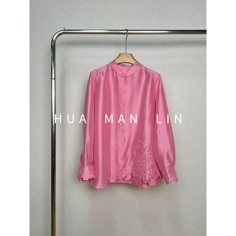 【花满林】立领下摆刺绣花朵双宫桑蚕丝长袖上衣259059